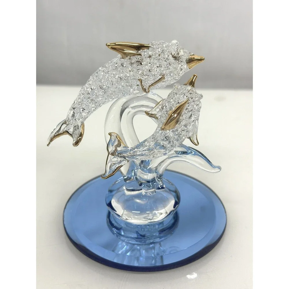 Spun Glass Dolphin Porpoise Figurine Ornament Mirror Base 24K Gold